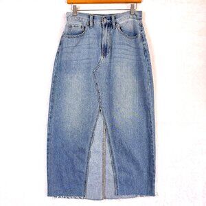 Altar’d State Jocelyn Front Slit Classic Midi Denim Skirt Womens S Light Wash